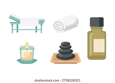 Spa and wellness elements with massage bed, essential oil, aromatherapy candle, hot stones and towels.