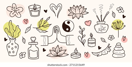 Spa Wellness mão desenhado Doodle Set. Relaxamento, Self-Care, E Zen Acessórios, Incenso, Óleo de Aroma e Mãos Namaste Gesto. Desenhos em contorno isolados. Ilustração de vetor. Não é IA