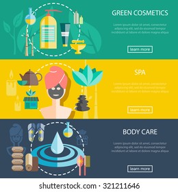 Spa and wellness horizontal banners set with cosmetics and body care flat isolated vector illustration