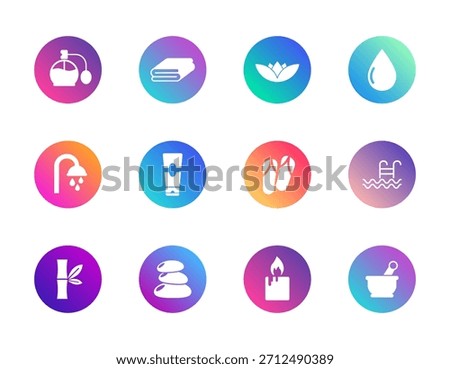 Spa, wellness, hygiene. Vector set of 12 round gradient icons featuring lotus, bamboo, towel, candle, and care items for relaxation, beauty, and personal care UI design.