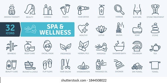 Icons Pack Spa and Wellness. Iconos de línea delgada configurados. Conjunto de colección de iconos plano. Iconos vectoriales simples