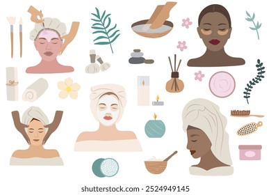 Spa e Ilustração de Bem-Estar com Diversos Cuidados da Pele e Elementos de Relaxamento