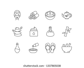 Spa and wellness line icons set with facial mask, towels, candle, herbal tea, stone therapy, cream, bamboo, oil, flip flops, mortar and pestle,