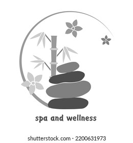 Spa and wellness logo in gray. Bamboo and stones for spa design. Stones for massage. Chinese massage, Thai massage. Wellness massage. Relaxation. Vector for your design. EPS10.