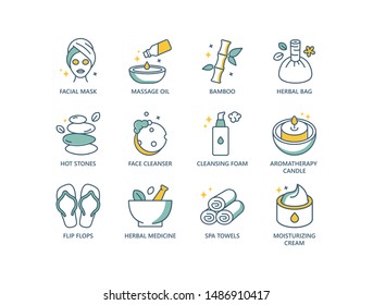 Spa and wellness related colored line icons with facial mask, oil, bamboo, massage bag, stones, aromatherapy, candle, mortar and pestle, towels, moisturizer. 