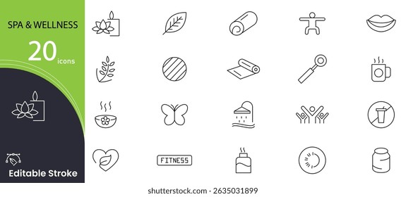 Spa and wellness related line icon set. Wellness, Sauna, Massage, Diet, Exercise, Cosmetics services, healthy lifestyle, face and body care and recreation outline icon collection. Editable stroke. 