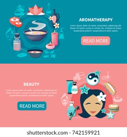 Spa wellness resort 2 flat banners webpage design with essential oils aromatherapy and beauty isolated vector illustration 