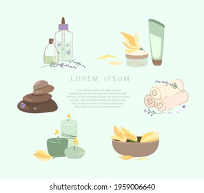 Spa Wellness Salon Set.Body, Skin and Face Caring Tools for Rrelax.Treatment Concept.Skin care for health,wellbeing, beauty.Massage Hot Stones,Creams and Serum Potion.Flat vector illustration isolated