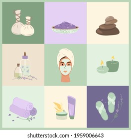 Spa Wellness Salon Set.Woman with Clay Cleansing Face Mask relaxing.Treatment Concept.Skin care for health,wellbeing, beauty. Massage Herbal pouches,Creams and Serum. Flat vector illustration isolated