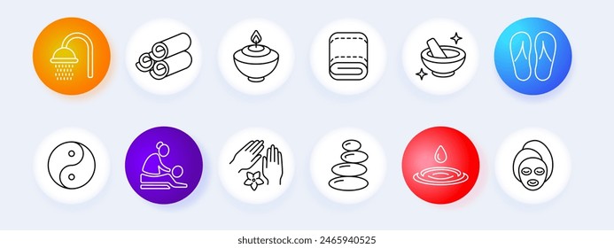 Spa and wellness set icon. Shower, rolled towels, candle, towel, bowl with pestle, flip flops, yin yang, massage, hand treatment, stones, water drop, facial mask. Spa and relaxation concept.