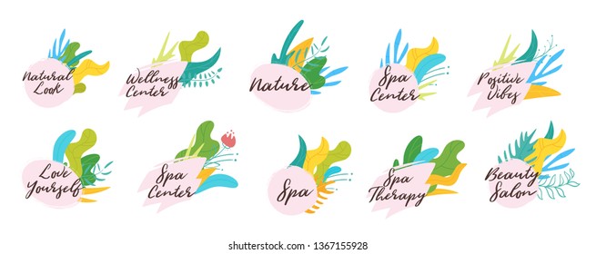 Spa and wellness set of labels or badges with abstract leaves botanic elements. Tag design vector illustration isolated on white background.