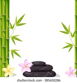 Spa wellness set with stones, frangipani flowers and bamboo plants. Salon brochures design