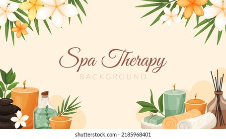 Spa, Wellness, Vorlagenhintergrund. Bannerdesign mit exotischen Blumen, Bambusblätter, Aromakerze, Kosmetikflaschen. Vektorgrafik von horizontalem Hintergrund für Spa, Schönheitssalon, Kosmetik