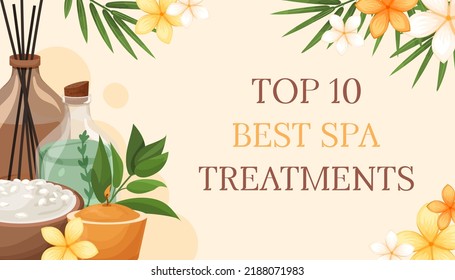 Spa, Wellness, Vorlagenhintergrund. Bannerdesign mit exotischen Blumen, Bambusblätter, Aromakerze, Kosmetikflaschen, Meersalz. Vektorgrafik-Cover Spa-Behandlungen, Schönheitssalon, Kosmetik