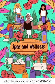 Spa and wellness theme with diverse women surrounded by plants oils towels flowers vibrant colors and natural elements. Perfect for wellness promotions