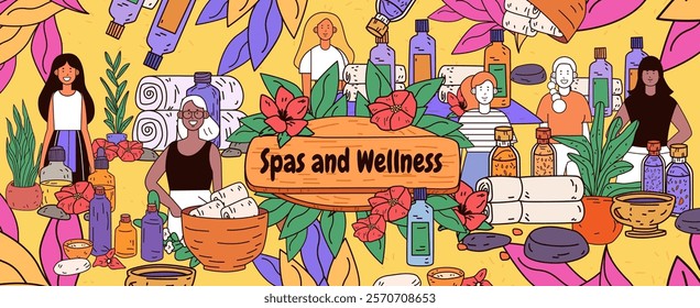 Spa and wellness theme with people plants bottles towels flowers vibrant colors decorative elements