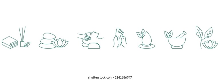 Spa and wellness treatments Flat Icon set, thin and linear designs. 
Simple isolated concept illustration. 
incense sticks, cosmetic cream, head massage, foot massage, and herbs