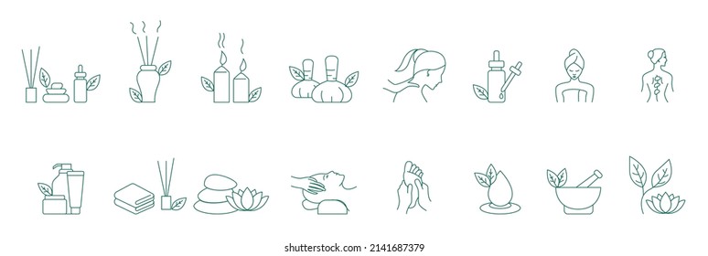Spa and wellness treatments Flat Icon set, thin and linear designs. 
Simple isolated concept illustration. 
incense sticks, cosmetic cream, head massage, foot massage, herbs, candles, essential oil