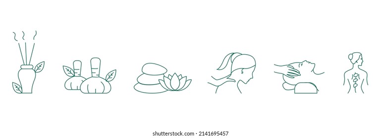 Spa and wellness treatments Flat Icon set, thin and linear designs. 
Simple isolated concept illustration. 
incense sticks, head massage, shoulder massage, essential oil,
herbal bag - Shutterstock ID 2141695457