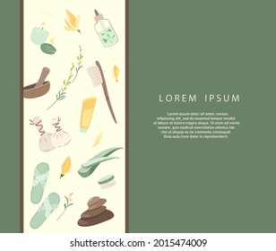 Spa Welness Center Advertising banner,Sale poster.Herbal Treatment Concept Leaflet.Face,Body Feet Bath,Creams,Lotions Broadsheet.Skin care for health,wellbeing, beauty salon.Flat vector illustration