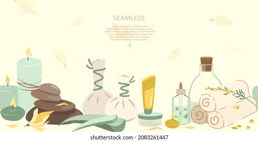 Spa Welness Center Advertising Seamless banner,Poster.Herbal Treatment Concept Leaflet.Face,Body Creams,Lotions Broadsheet.Skin care for health,wellbeing,beauty salon.Flat vector illustration isolated