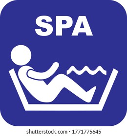 spa, white silhouette of person at bathtub, vector icon at blue background