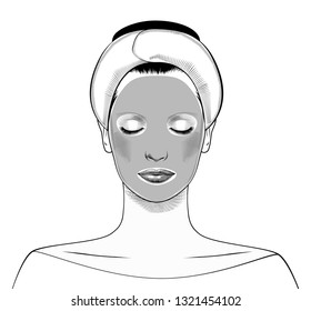 Spa Woman applying Facial clay Mask. Beautiful woman portrait. Beauty Treatments. Vector Illustration.