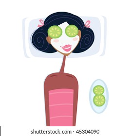 Spa - woman with facial mask. Illustration of woman with facial mask relaxing in spa. Isolated on white - you can add your own copyspace.