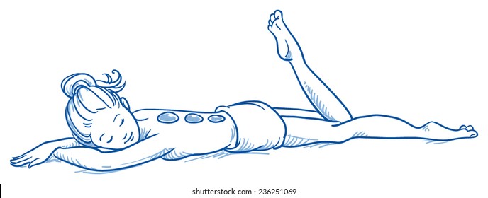  Spa. Mujer relajada mientras la piedra masaje dibujado a mano doodén vectorial