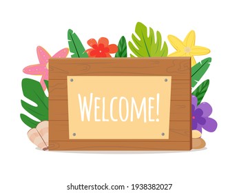 Spa Wood Plaque Welcome. The Bright Sign Is Decorated With Palm Leaves, Tropical Flowers, Seashells And Rocks From The Beach. For Beaches, Hotels, Holiday Homes. Vector Illustration