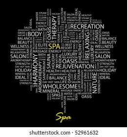 SPA. Composición de palabras sobre fondo negro. Ilustración vectorial.