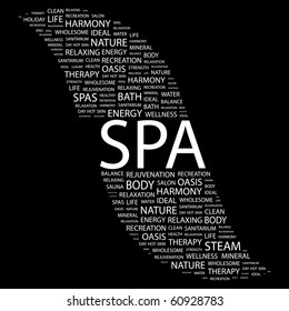 SPA. Word collage on black background. Illustration with different association terms.