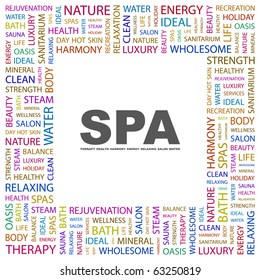 SPA Colagem de palavras sobre fundo branco. Ilustração com diferentes termos de associação.