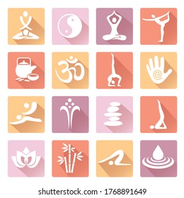 Spa yoga  Massage  icons with long shadow.
Set of colorful web icons with healthy lifestyle symbols.Isolated on white background.  Vector available.