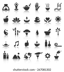 Spa yoga zen flat icons with reflection on white background