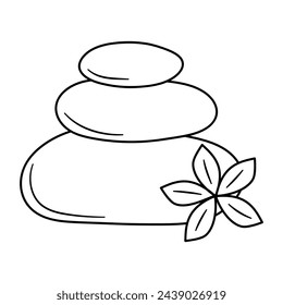 Spa zen stones with flower. Stone therapy. Hot stones. Stone massage. Hand drawn doodle vector illustration.