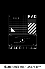 Space 1984 t-shirt and apparel design with the 1980s space aesthetics retro-future. Retrofuturistic HUD interface, grids, scales. Black and white print. Vector illustration.