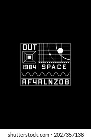 Space 1984 t-shirt and apparel design with the 1980s space aesthetics design elements, grids with planets and orbits. Retrofuturistic interface. Black and white print. Vector illustration.