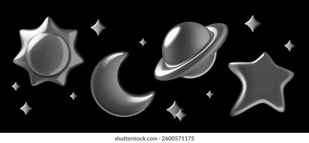 Space 3d chrome stickers. Silver metallic planet, stars, sun and crescent moon on black background. Vector illustration