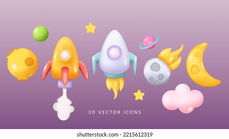 Space 3D Icon Set - Rocket, Planets, Moon, Meteorite. Realistic Glossy 3d Galaxy Objects. Futuristic Cosmic Design. Vector Illustration