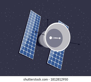 Space 3d satellite for communication. Gps spacecraft technology, wireless station in orbit. Device with antenna, receiver, radio equipment. Telecommunication vector illustration.