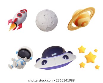 Space 3d vector icon set. Astronaut, planet, moon , stars, comet cartoon objects