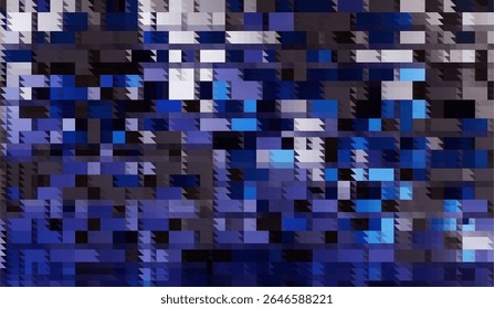 Space abstract background dark colors of many rectangular square elements of different shades of blue, purple, gray and black, arranged in a chaotic order, pixelation or digital noise effect. 