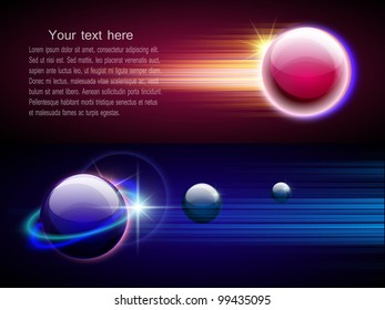 Space abstract background with motion glowing circles, spheres, planet and stars. Vector. Part of set.