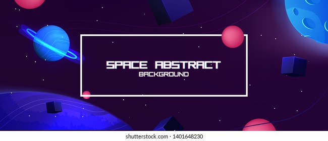 Space abstract background with star and planet and 3d shapes - cube and sphere. Vector banner