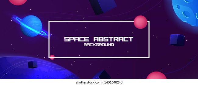 Space abstract background with star and planet and 3d shapes - cube and sphere. Vector banner
