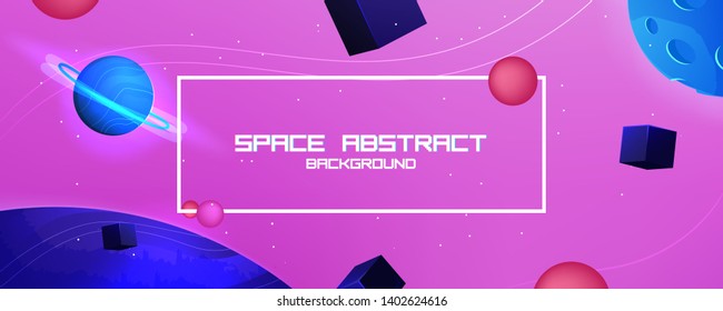 Space abstract background with star and planet and 3d shapes - cube and sphere. Vector banner