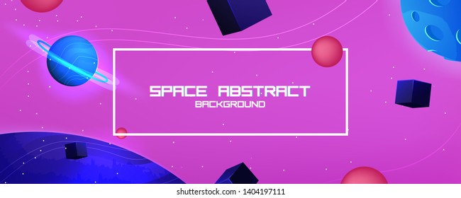 Space abstract background with star and planet and 3d shapes - cube and sphere. Vector banner