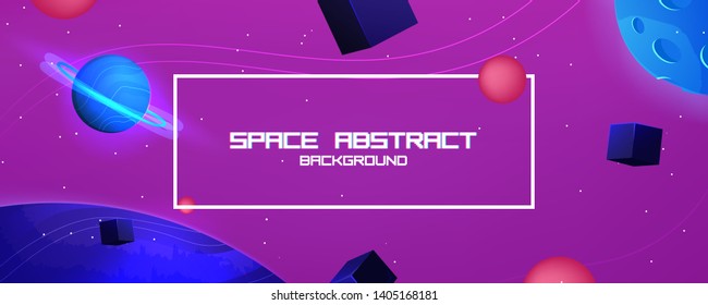 Space abstract background with star and planet and 3d shapes - cube and sphere. Vector banner