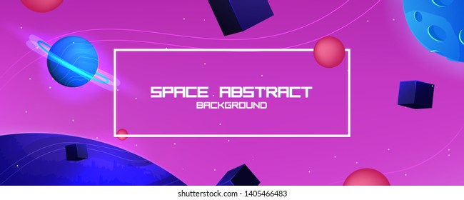 Space abstract background with star and planet and 3d shapes - cube and sphere. Vector banner